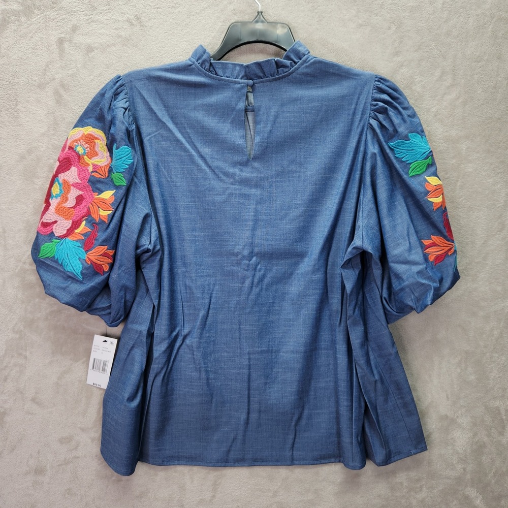 Calessa Womens XL Indigo Blue Embroidered Puff Sleeve Mock Neck Denim Top Boho - Picture 3 of 9